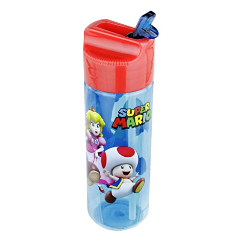 P:os 33165 - Trinkflasche für Kinder, ca. 540 ml, transparentes Design mit Super Mario Motiv und integriertem Strohhalm zum Hochklappen, aus Kunststoff, bpa- und phthalatfrei von p:os