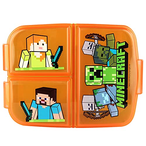 p:os p:os Minecraft Brotdose für Kinder mit 3 Fächern, Lunchbox aus Kunststoff mit Clip-Verschlüssen, Vesperdose für Kindergarten, Schule und Freizeit von p:os