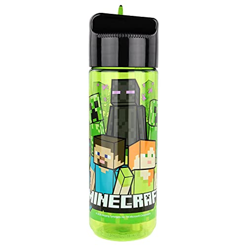 P:os 33171 - Trinkflasche für Kinder, ca. 540 ml, transparentes Design mit Minecraft Motiv und integriertem Strohhalm zum Hochklappen, aus Kunststoff, bpa- und phthalatfrei von p:os