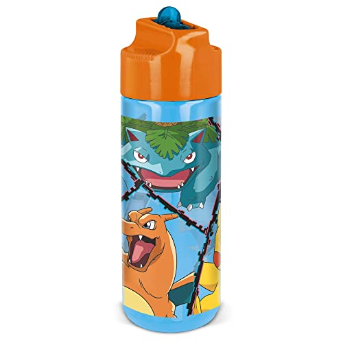 P:os 34248 - Pokémon Trinkflasche für Kinder, transparente Flasche mit integriertem Strohhalm zum Hochklappen, ca. 540 ml, aus Kunststoff, bpa- und phthalatfrei von p:os