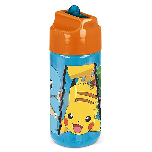 P:os 34251 - Pokémon Trinkflasche für Kinder, Wasserflasche mit integriertem Strohhalm, ca. 430 ml Fassungsvermögen, auslaufsicher, für Schule, Sport und Freizeit von p:os