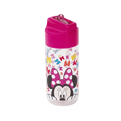 p:os 24651088 Disney Minnie Mouse - Trinkflasche für Kinder aus Kunststoff, rosa Wasserflasche mit integriertem Strohhalm, ca. 450 ml Fassungsvermögen von p:os