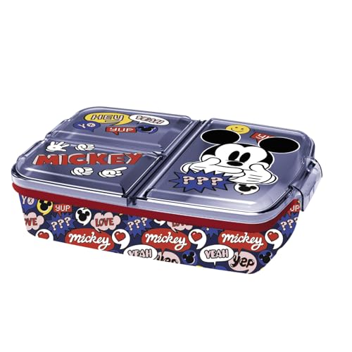 p:os 32979 - Mickey Mouse Brotdose für Kinder mit 3 Fächern, Lunchbox aus Kunststoff mit Clip-Verschlüssen, Vesperdose für Kindergarten, Schule und Freizeit von p:os