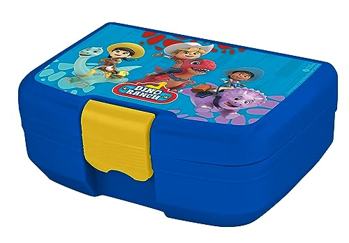 P:os 35124 - Dino Ranch Brotdose für Kinder mit einem Fach, Lunchbox aus Kunststoff mit Clipverschluss, Vesperdose für Kindergarten, Schule und Freizeit von p:os