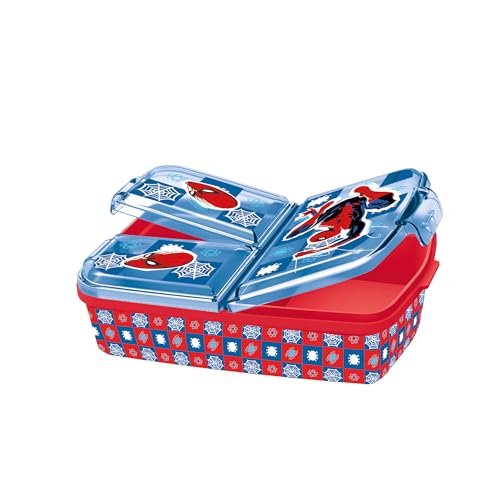 p:os 35484 - Spiderman Brotdose für Kinder mit 3 Fächern, Lunchbox aus Kunststoff mit Clip-Verschlüssen, Vesperdose für Kindergarten, Schule und Freizeit von p:os