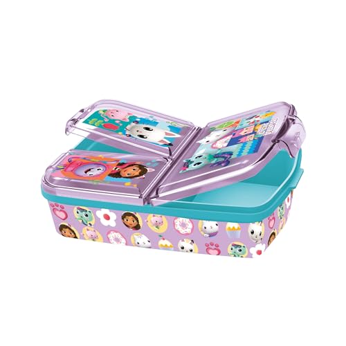 p:os 36543 - Gabbys Dollhouse Brotdose für Kinder mit 3 Fächern, Lunchbox aus Kunststoff mit Clip-Verschlüssen, Vesperdose für Kindergarten, Schule und Freizeit von p:os