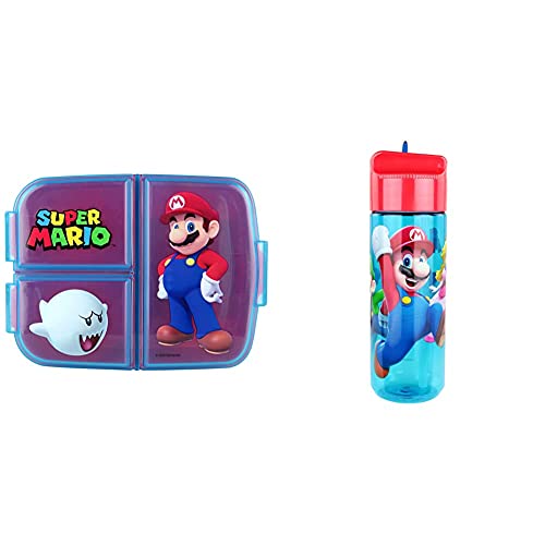 p:os Super Mario Set für Kinder: Brotdose mit 3 Fächern & Trinkflasche 540 ml mit integriertem Strohhalm von p:os
