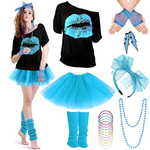 panemy 80er 90er Jahre Outfit Damen Set, 80er Jahre Party Kleidung – T-Shirt, Tutu, Stirnband, Ohrringe, Netzhandschuhe, Beinschoner, Halskette, Party-Outfits für Karnevalsmaskerade (Blau, M) von panemy
