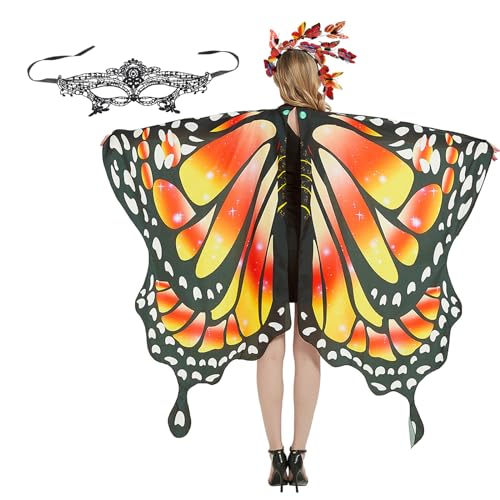 panthem Karnevalskostüm Damen Schmetterling Umhang für Fasching mit Haarreif, Schmetterlingsflügel Schmetterlinge Flügel Schal Karneval Kostüm Erwachsene Poncho für Halloween Cosplay Party von panthem