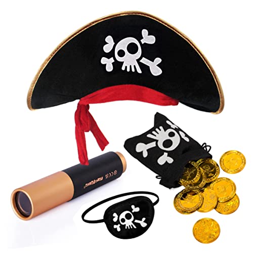 papapanda Piratenhut Augenklappe Karibik Fernrohr Gold Münzen Schatzbeutel für Kinder von papapanda