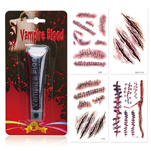 papapanda Künstlich Vampir Blut mit Halloween Narben Tattoo Kunstblut (Blut + Tattoos) von papapanda
