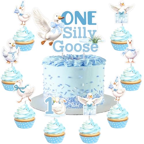 Eine dumme Gans Kuchen Toppers Blauer Bogen dumme Gans Kuchen und Cupcake Toppers 25pcs Bauernhof Tier Kuchen Dekorationen für Jungen 1. Geburtstag Party Zubehör von partiqla