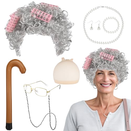 patinadrif 9 Stück Oma Kostüm Alte Frau Set Großmutter mit Oma Perücke Grau Perücke Kappe Spazierstock Brille Brillen Ketten Armband Perlenkette Ohrringe für Halloween Karneval Cosplay Zubehör patinadrif 9 Stück Oma Kostüm Alte Frau Set Großmutter mit Oma Perücke Grau Perücke Kappe Spazierstock Brille Brillen Ketten Armband Perlenkette Ohrringe für Halloween Karneval Cosplay Zubehör von patinadrift