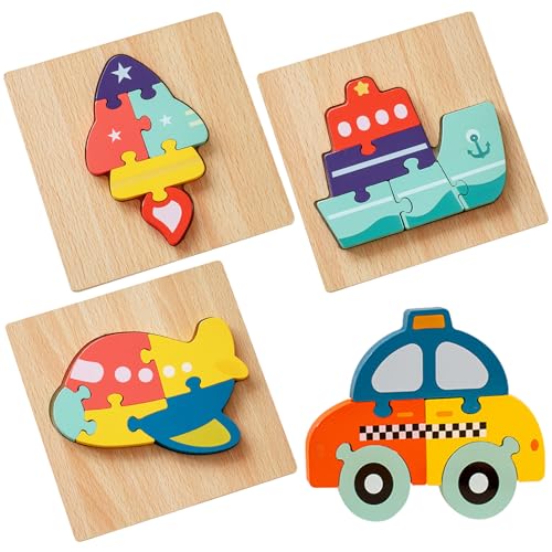 pclapora 4 Stück Holzpuzzle Holzspielzeug für Kinder, 3D Kinder Holzpuzzle Steckpuzzle, Lernspielzeug Montessori Spielzeug, Geschenk für 1 2 3 Jährige Jungen und Mädchen, Geburtstage, Weihnachten von pclapora
