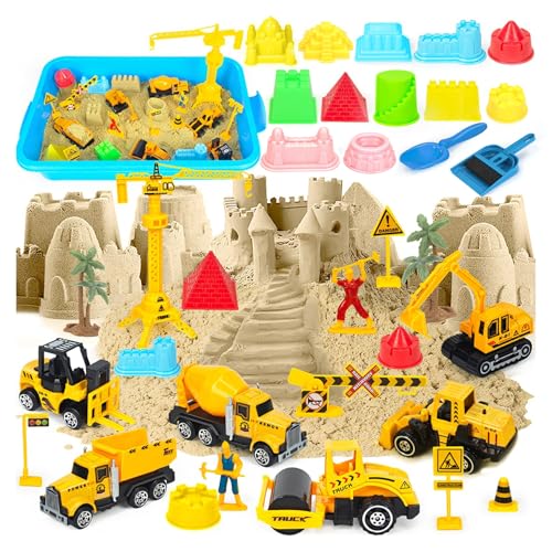 Kinetischer Sand Baustelle-Set | Zaubersand für Kinder ab 3 Jahren, knetsand, Spielsand für Drinnen 1kg Magic Sand mit Alloy - Bagger, Baufahrzeugen | Förderung Kreativität & Sensorik, Geruchlos von peccera