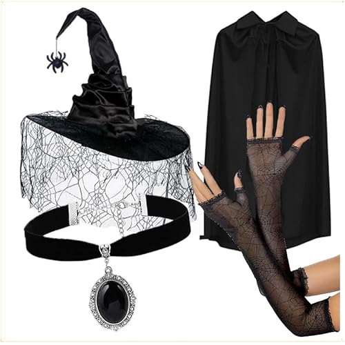 peccera Halloween-Hexenkostüm-Set, Schwarzer Hexenhut mit Spinnennetz, Spitzenhandschuhe, Vintage-Halskette mit schwarzem Stein von peccera