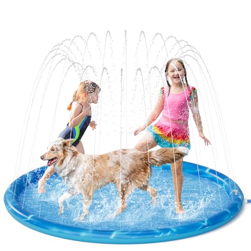 pecute Sprinkler Wasser-Spielmatte Splash(150 * 150 * 15cm), Sprinkler für Hunde Spritz wasserspiel Matte, BPA-freies PVC-Spritz pad, Splash Pad mit rutschfeste einstellbare Wasserhöhe Blau,L von pecute