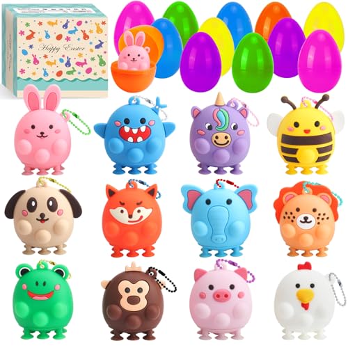 Ostergeschenke für Kinder, 12 Ostereier und 12 3D Tier Pop Puppen, Plastik Ostereier 8.5 cm x 6 cm, Perfekt für Osterkörbchen, Deko für Party, Klassenzimmer & Osteranreize Jungen und Mädchen von peiranup