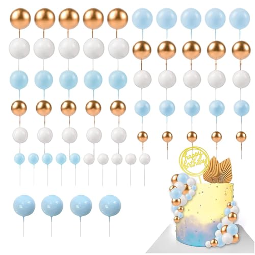 Peiyee 108 StüCk Cake Topper Geburtstag,Goldenes Kugeln Tortendeko Set,Cupcake Topper,Tortenaufsatz Kugeln Hochzeit FüR Valentinstag Geburtstag Hochzeit Deko (Blau Weiß Gold) von peiyee