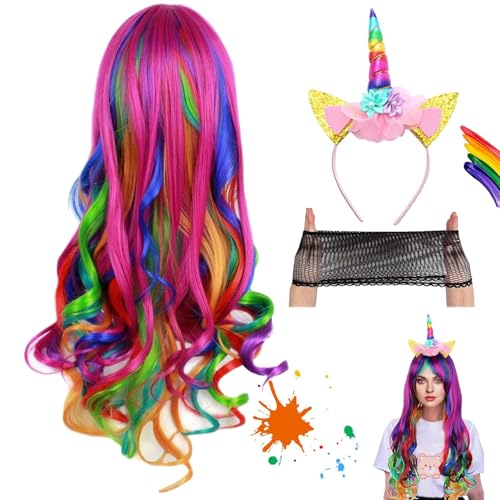 Perücke Damen Regenbogen Lang Locken 26 Zoll/65 cm Mit Perückenhaube und Einhorn Stirnband, Karneval Regenbogen Perücke Haar, Maskerade Einhorn Perücke Damen, Anime Volle Wellige Perücke für Cosplay Perücke Damen Regenbogen Lang Locken 26 Zoll/65 cm Mit Perückenhaube und Einhorn Stirnband, Karneval Regenbogen Perücke Haar, Maskerade Einhorn Perücke Damen, Anime Volle Wellige Perücke für Cosplay von peiyee