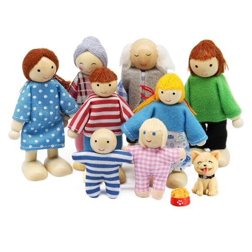 peiyee Holz 8 Personen Figuren Puppen Spielset,Puppenhaus ZubehöR,Rollenspiel Spielzeug,Puppenhaus Puppen,Puppenstube Holz Minipuppen FüR Puppenhaus ZubehöR MäDchen Kinder Kinder Spielzeug Geschenk von peiyee