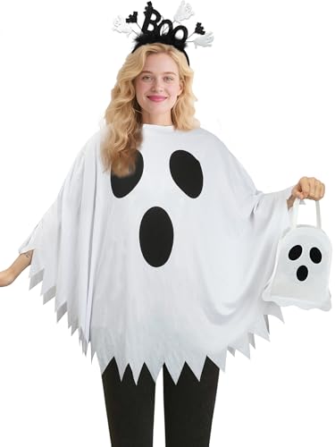 3-teiliges Halloween-Kostüm-Set für Damen, Geisterkostüm mit weißem Geister-Poncho, Boo, Stirnband, Süßigkeitentasche, Halloween-Geister, Umhang, Outfit für Halloween, Cosplay-Party von peony man