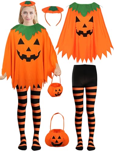 peony man 4-teiliges Halloween-Kostüm für Damen, Kürbis-Kostüm-Set mit Kürbisen, Poncho, Haarreifen, Kürbisumhang mit Süßigkeitentasche, Stirnband, gestreifte Strumpfhose für Damen, Erwachsene von peony man