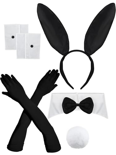 peony man Halloween-Kostüm für Damen, Hasenohren, Stirnband, Fliege, Manschetten, Schwanz, lange Handschuhe, Kaninchen-Kostüm, Zubehör für Damen, Halloween, Party, Cosplay, Zubehör, 5 Stück von peony man