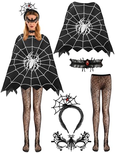 peony man Halloween-Spinnennetz-Kostüm für Damen, Spinnennetzkleid, Poncho, Umhang mit Stirnband, Choker, Spitze, Maske, Strumpfhose, Spinnen-Haarreifen, Halskette, Outfit, Zubehör für Halloween von peony man