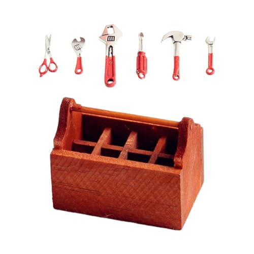 perfk 1/12 Puppenhaus-Reparatur-Werkzeugkasten, Mini-Garten, DIY-Werkzeugkoffer, Dioramen, Couchtisch, vorgetäuschtes Spielzeug für den Miniaturszenenbau, rote Werkzeuge von perfk