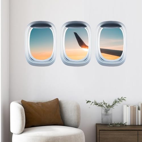 perfk 3 Stück Kunstfenster-Wandaufkleber, Wandaufkleber, PVC-Tapete für den Innenbereich, Flugzeug-Fensteraufkleber für Büro, Toilette, Wohnzimmer, Flugzeugflügel von perfk
