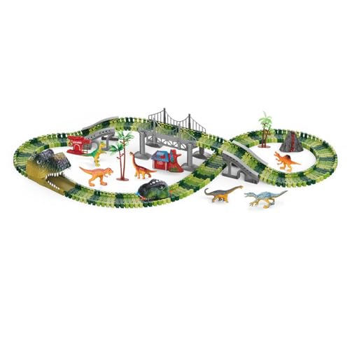 perfk Dinosaurier-Rennwagen-Spielzeug, Flexible Eisenbahnschienen, Montessori-Spielzeug, Partygeschenk, Spielfahrzeuge-Spielzeugset für Geburtstagsgeschenke, 150 Dinosaurierspuren von perfk