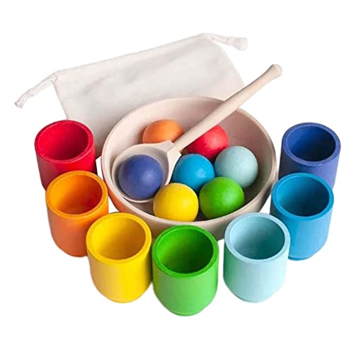 perfk Hölzerne Regenbogenkugeln in Bechern Montessori-Spielzeug, Farbsortierspiel, Vorschul-Lernspielzeug mit Bechern und Bällen, Brettspiel für Kinder, 7 Farben von perfk