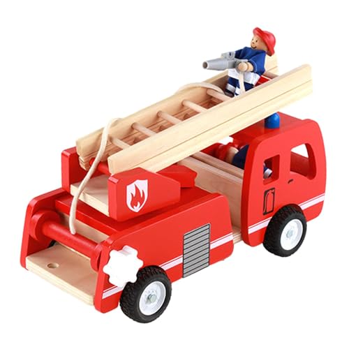 perfk Holz-Feuerwehrauto-Spielzeug mit drehbarer Leiter, Simulationsspiel, Holz-Feuerwehrauto-Spielzeug für Bewegungskoordination von perfk