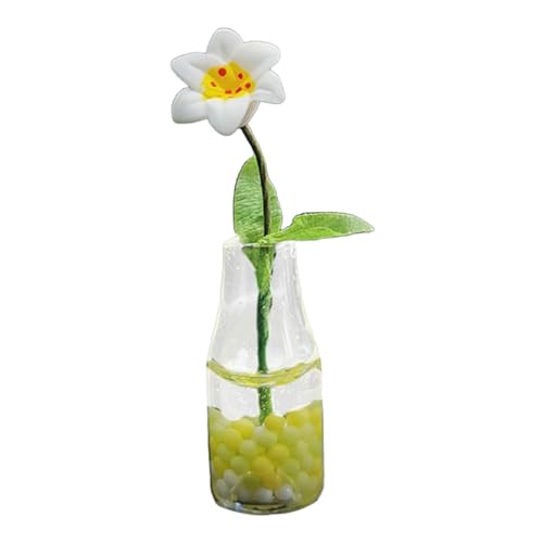 perfk Puppenhaus-Mini-Blumenmodell, Miniaturblumen mit Vase, Kunstharz-Bastel-Kinderspielzeug-Puppenhaus-Glasvase für 1/6 1/12 Puppenhaus, Weiße Lilie von perfk