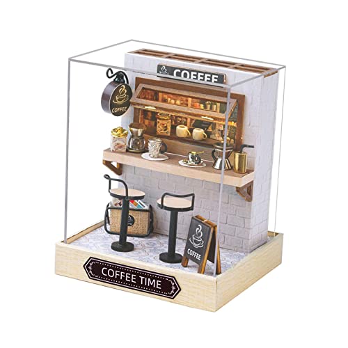 perfk Puppenhaus-Miniatur-DIY-Kits, Mini-Hausmodell mit Licht, Heimdekoration, kleine Bausätze, Holzpuppenhaus-Modell, Puzzles für Freunde, Kaffeezeit von perfk