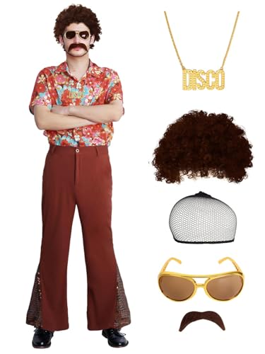 70er Jahre Outfit Herren, 70er Disco Retro Kostüm Hemd und Schlaghosen mit Perücke Sonnenbrille Schnurrbart Halskette Perückenhaar Netz (Orange - A, L) von pewjury