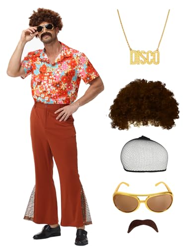 70er Jahre Outfit Herren, 70er Disco Retro Kostüm Hemd und Schlaghosen mit Perücke Sonnenbrille Schnurrbart Halskette Perückenhaar Netz (Orange - A, M) von pewjury