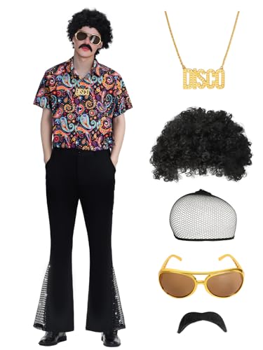 70er Jahre Outfit Herren, 70er Disco Retro Kostüm Hemd und Schlaghosen mit Perücke Sonnenbrille Schnurrbart Halskette Perückenhaar Netz (Orange - B, XXL) von pewjury