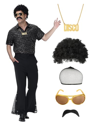 70er Jahre Outfit Herren, 70er Disco Retro Kostüm Hemd und Schlaghosen mit Perücke Sonnenbrille Schnurrbart Halskette Perückenhaar Netz (Schwarz - A, S) von pewjury