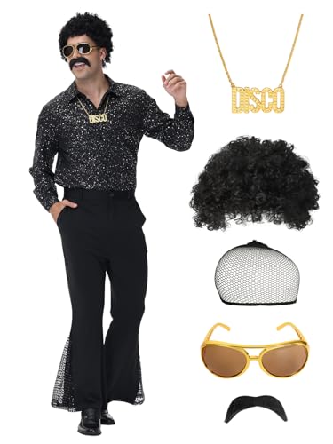 pewjury 70er Jahre Disco Kostüm für Herren – 7pcs Retro Party Outfit mit Glitzerhemd, Schlaghosen, Perücken, Halskette, Schnurrbart, Sonnenbrille, Perückenhaar Netz (Schwarz - A, M) von pewjury