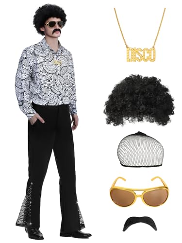 pewjury 70er Jahre Disco Kostüm für Herren – 7pcs Retro Party Outfit mit Glitzerhemd, Schlaghosen, Perücken, Halskette, Schnurrbart, Sonnenbrille, Perückenhaar Netz (Schwarz - B, XXL) von pewjury