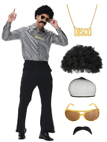 pewjury 70er Jahre Disco Kostüm für Herren – 7pcs Retro Party Outfit mit Glitzerhemd, Schlaghosen, Perücken, Halskette, Schnurrbart, Sonnenbrille, Perückenhaar Netz (Silber - A, S) von pewjury