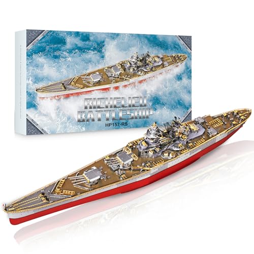 Piececool 3D Metall Puzzle Schlachtschiff Richelieu - Militärmodell Mit 340 Edelstahl Teilen, Ganzes Metall, 100% Wiederherstellen - Geburtstagsgeschenk, Modellbausatz Für Erwachsene, 300 Teile von piececool