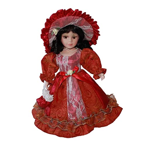 30,5 cm elegantes Porzellan-Miniatur-viktorianisches Mädchen mit Hut, Handtasche und Präsentationsständer, Rot 30,5 cm elegantes Porzellan-Miniatur-viktorianisches Mädchen mit Hut, Handtasche und Präsentationsständer, Rot von pistro