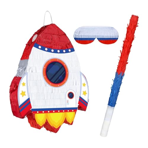 Piñata-Pack mit Augenbinde und Stab für Partys, Festivals und Geburtstagsspiele (Galaxie-Raketen-Design) von pistro