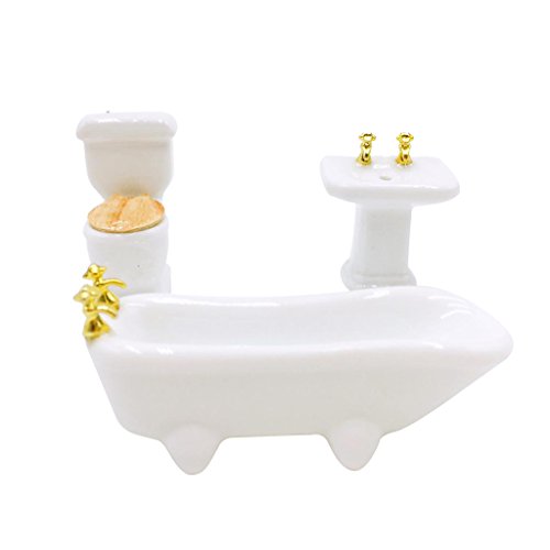 Puppenhaus Miniatur-Badezimmer-Set im Maßstab 1:24, Keramik, Badewanne, WC, Waschbecken, weiß, Möbelzubehör von pistro
