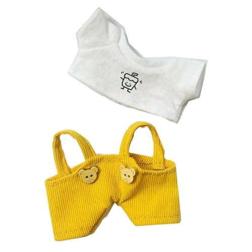 Puppenkleidung Hosenträger und T-Shirt Set für 15cm 17cm Puppen, Weiß und Gelb Plüsch Outfit für Jungen Puppen von pistro