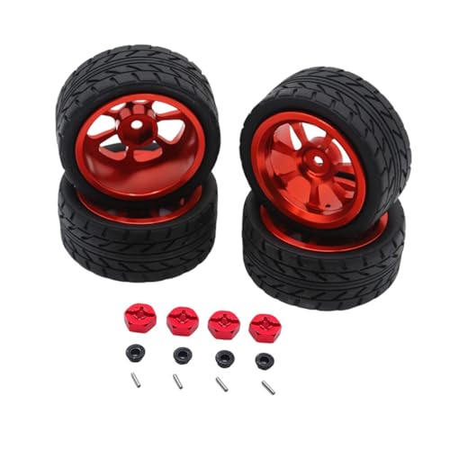 RC Felgen Gummireifen-Set, 12 mm Adapter, Metall-Radnabe für 144001 144002 A969 1/10 1/18 RC Autos, Rot von pistro