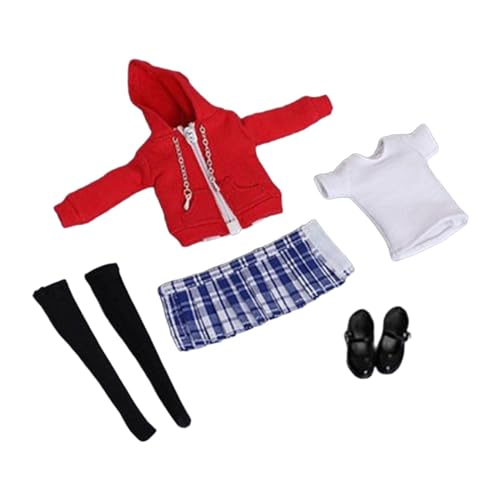 pistro 1/12 Maßstab Puppenkleidung Set Uniform Kit mit Reißverschluss Hoodie Rock Socken Schuhe für Puppenhaus Sammelfiguren- Roter Mantel von pistro